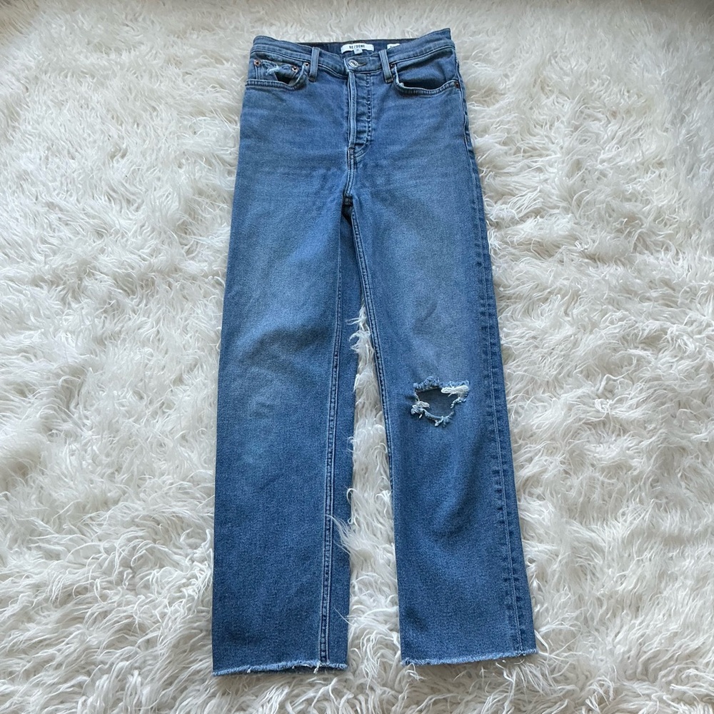 Re/Done Distressed Straight Raw Hem Button‎ Fly High Rise Jeans